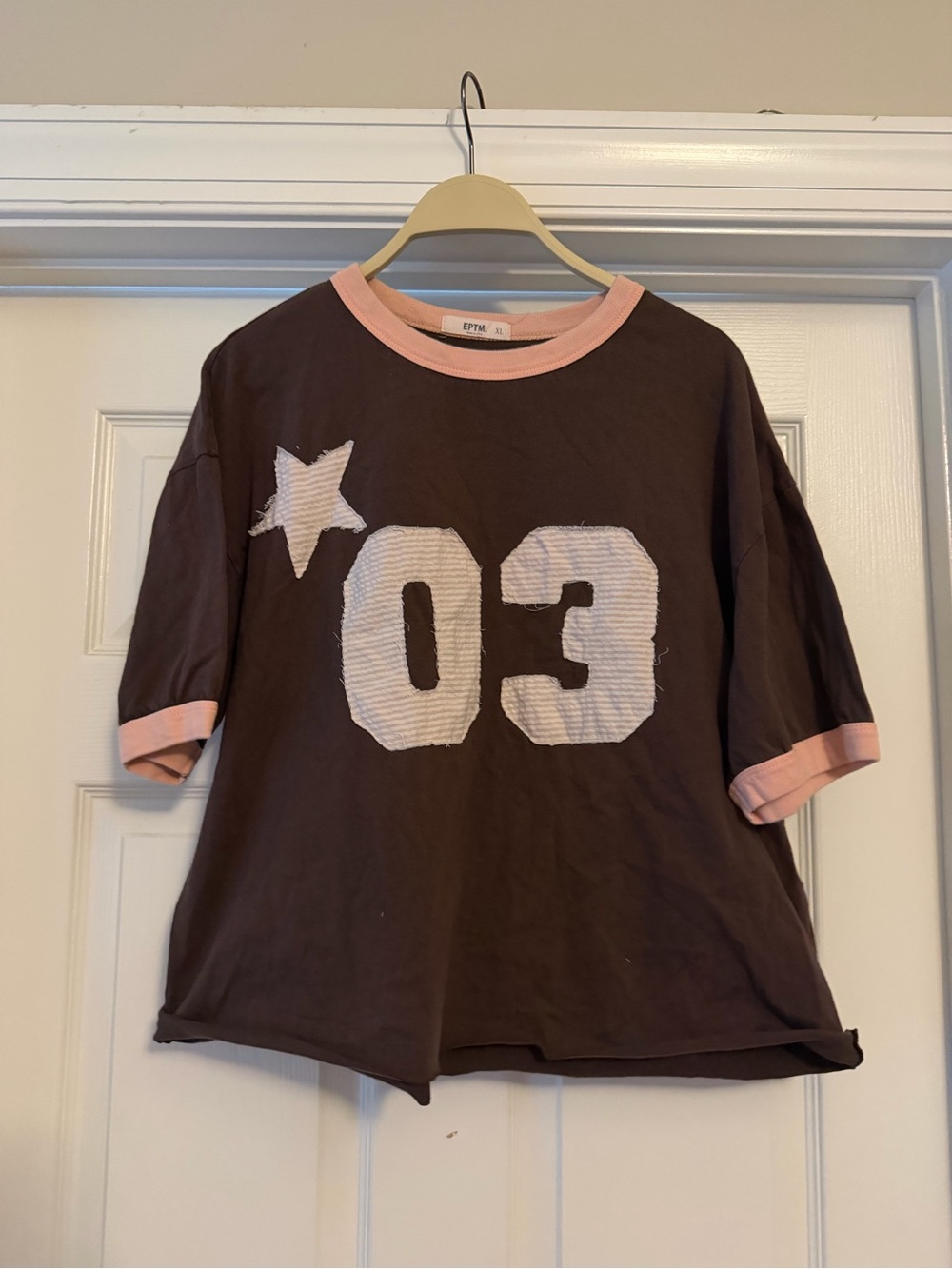 Women’s Brown cropped Graphic Tee with Pink Trim  and hand sewn Star & 03 Design